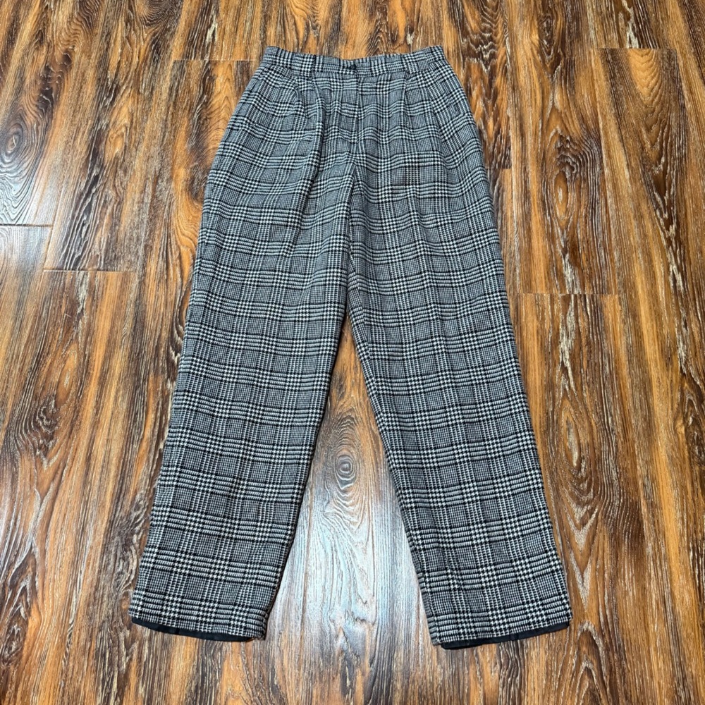 Savannah Womens Wool Blend Glen Plaid High Rise Pleated Trousers Black White 10